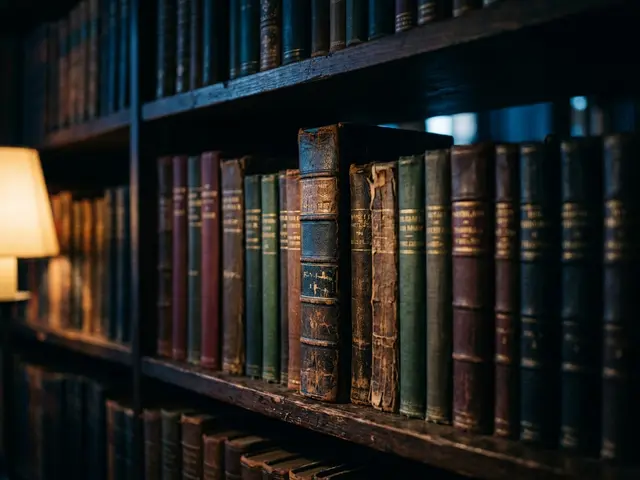 Well-worn spines of metaphysical books on wooden shelves