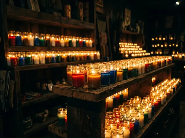 Lit seven-day jar candles in rows, warm light on glass