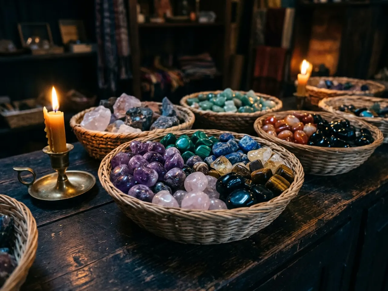 Tumbled stones and crystal points on dark cloth in warm candlelight