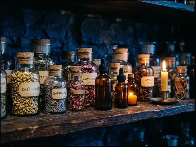 Apothecary jars of dried botanicals with amber oil bottles