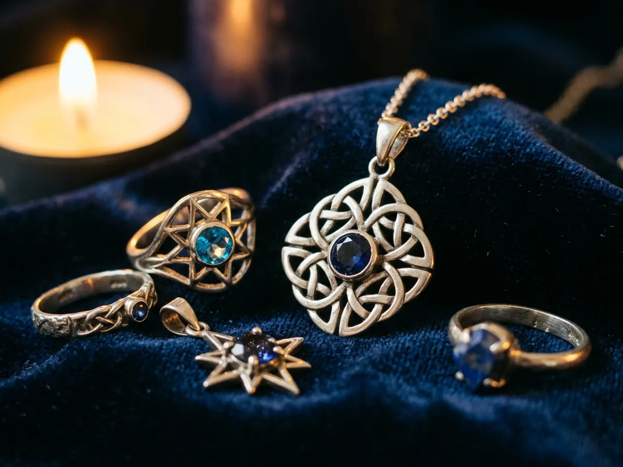 Silver pendants and gemstone rings on dark velvet