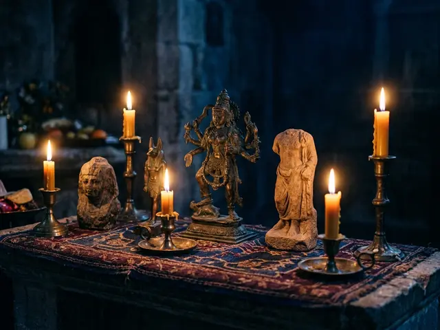 Bronze and stone deity statuary on an altar cloth by candlelight
