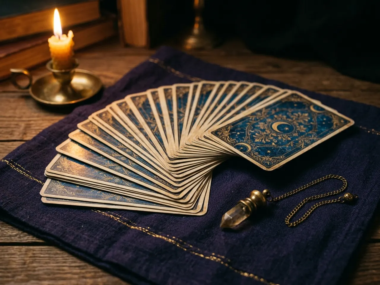A spread of tarot cards beside a pendulum in candlelight